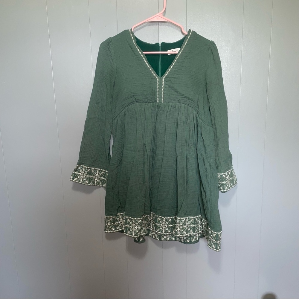 In Loom Green Embroidered Cotton Long Sleeve Babydoll Tunic Dress Small